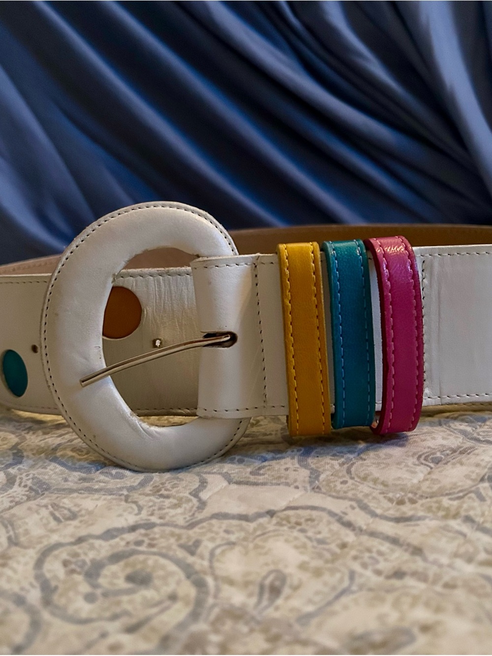 White Leather Belt with Multicolor Loops
